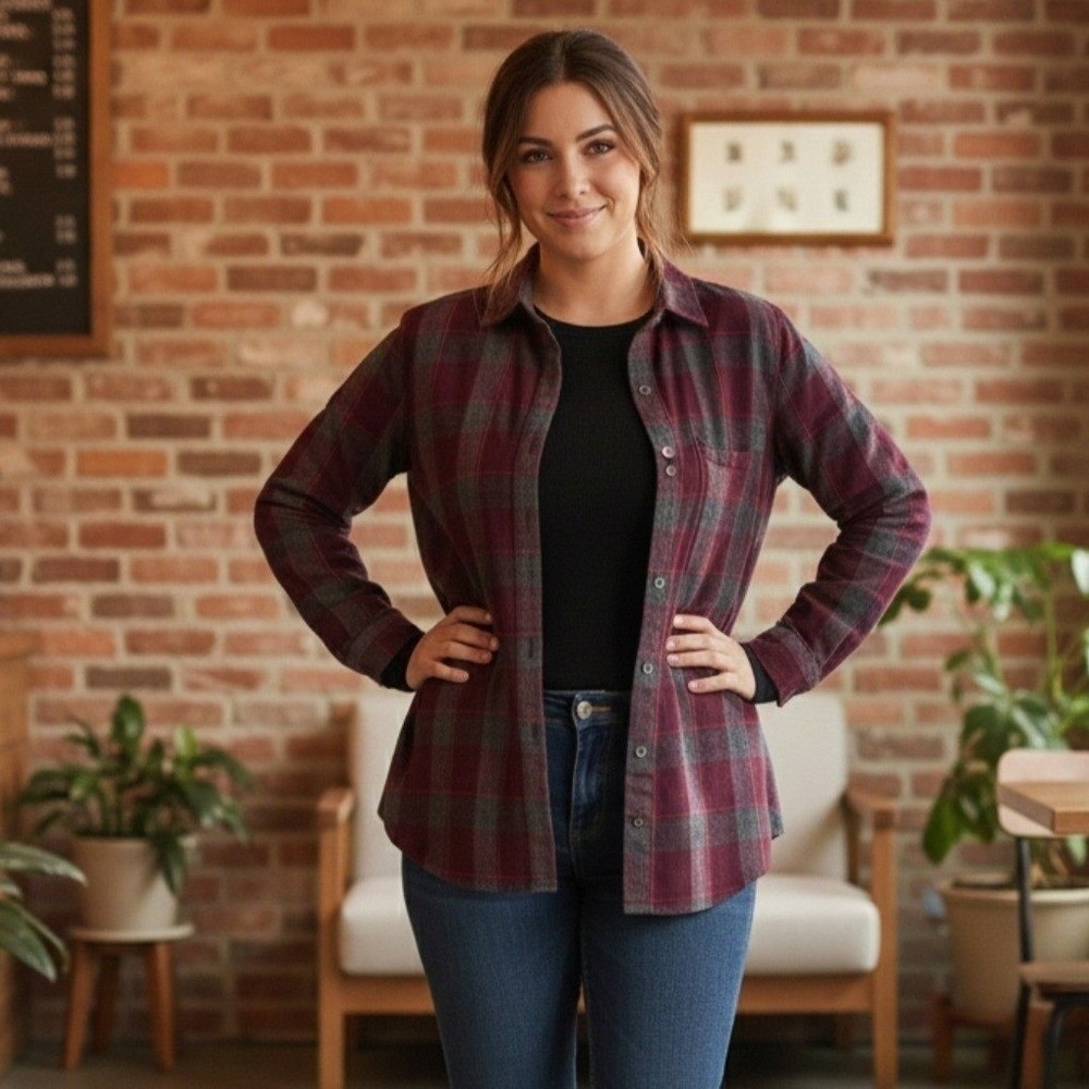UNTUCKit Button Down Shirt Womens 12 Burgundy Plaid Cotton Flannel Long Sleeve